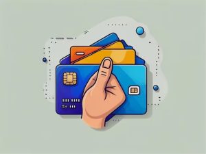 Desenho colorido de uma mão segurando várias cartas de crédito coloridas em um estilo moderno e vibrante.