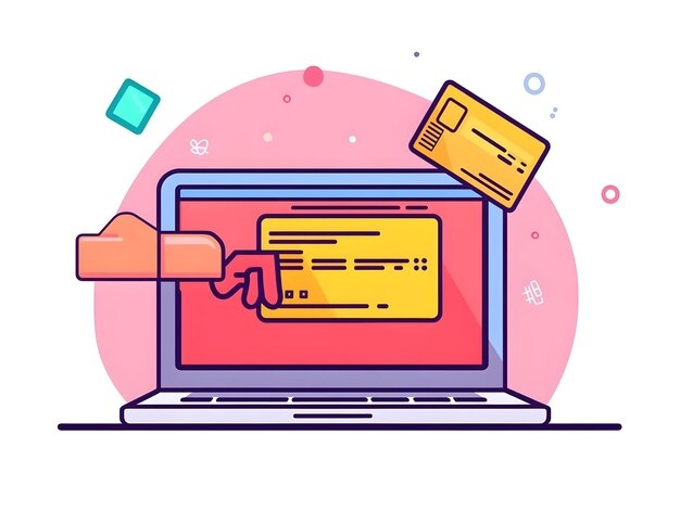 Ilustração de um notebook com uma mão saindo da tela segurando um cartão amarelo, representando pagamentos digitais e transações online.