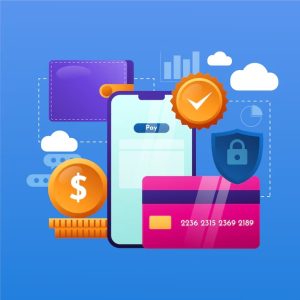 Ilustração de smartphone e cartão de crédito em destaque, cercados por ícones de segurança, moedas e carteira digital, simbolizando pagamentos eletrônicos com proteção financeira.