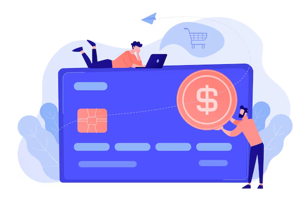 Ilustração de um cartão de crédito gigante com um homem segurando uma moeda e outra pessoa deitada sobre o cartão usando um laptop, representando finanças digitais.
