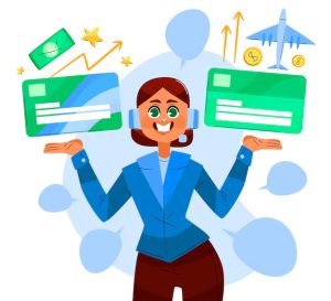 Mulher sorridente com fones de ouvido segurando dois cartões de crédito verdes, com ícones de dinheiro e avião ao fundo, simbolizando benefícios financeiros e milhas aéreas.