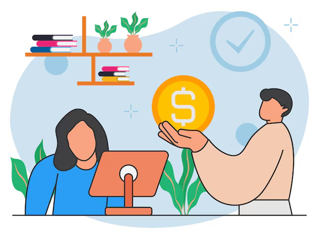 Ilustração de uma pessoa entregando uma moeda dourada com símbolo de dólar a outra pessoa em um ambiente de escritório, representando finanças.