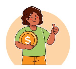 Ilustração de uma criança sorridente segurando uma moeda dourada com símbolo de dólar e mostrando sinal de positivo, simbolizando finanças pessoais.