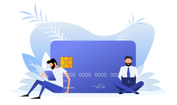 Ilustração de duas pessoas trabalhando em laptops ao lado de um grande cartão de crédito azul, representando tecnologia e finanças digitais.