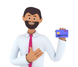 Ilustração 3D de homem sorridente de camisa branca e gravata rosa segurando um cartão de crédito azul, simbolizando confiança e soluções financeiras.