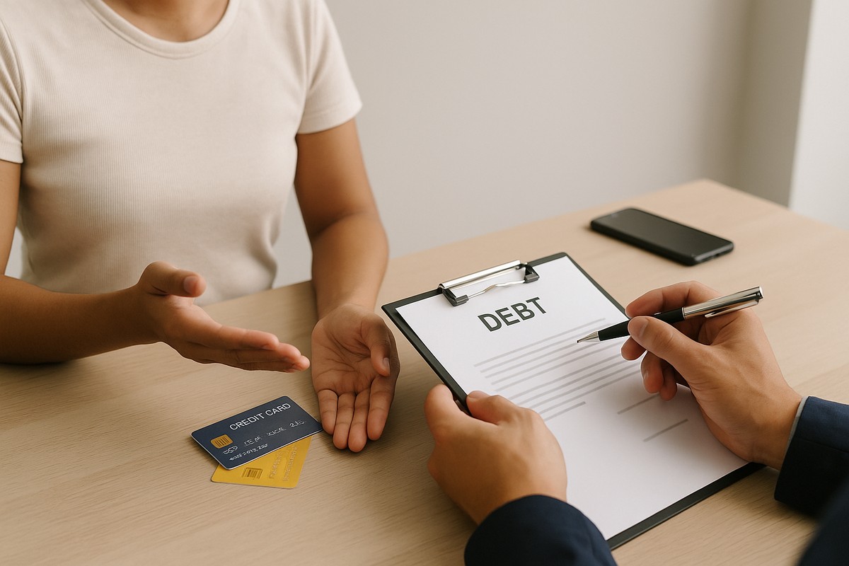 A imagem mostra uma cena de negociação financeira: duas pessoas sentadas à mesa, com foco apenas em suas mãos. De um lado, alguém gesticula enquanto mantém dois cartões de crédito sobre a mesa; do outro, a pessoa que atende segura uma prancheta com um documento de dívida e uma caneta, sugerindo uma conversa sobre renegociação. O ambiente é simples, claro e minimalista, transmitindo seriedade e foco no tema financeiro