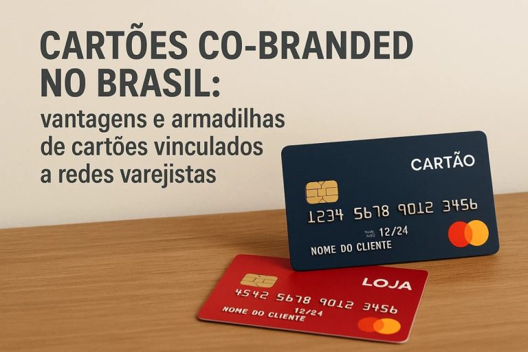 Dois cartões de crédito co-branded posicionados sobre uma superfície de madeira, sendo um azul escuro com chip e outro vermelho identificado como cartão de loja. A imagem ilustra a relação entre redes varejistas e bancos emissores, destacando vantagens e riscos associados ao uso de cartão de crédito vinculado a marcas específicas no Brasil.