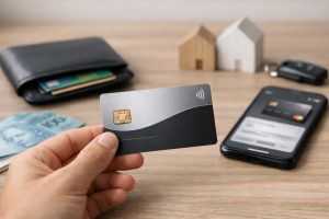 Pessoa segurando um cartão de crédito com tecnologia contactless sobre uma mesa, ao lado de carteira, celular com aplicativo bancário aberto e miniaturas de casas ao fundo, ilustrando o conceito de cartão de crédito com limite de crédito flexível e como bancos estão adaptando os cartões ao perfil financeiro dos clientes em 2025.