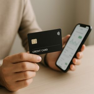 Close-up das mãos de uma pessoa segurando um cartão de crédito preto minimalista enquanto, na outra mão, usa um smartphone com tela exibindo gráficos. A cena apresenta composição neutra e iluminação suave, representando o uso moderno de um cartão de crédito digital em ambiente cotidiano, com foco no gesto de pagamento e no acompanhamento do consumo em tempo real.