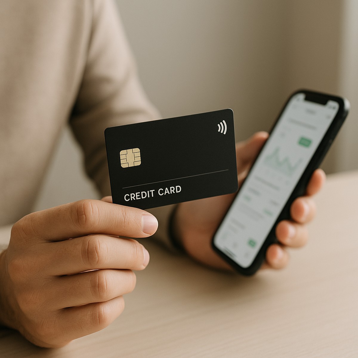 Close-up das mãos de uma pessoa segurando um cartão de crédito preto minimalista enquanto, na outra mão, usa um smartphone com tela exibindo gráficos. A cena apresenta composição neutra e iluminação suave, representando o uso moderno de um cartão de crédito digital em ambiente cotidiano, com foco no gesto de pagamento e no acompanhamento do consumo em tempo real.