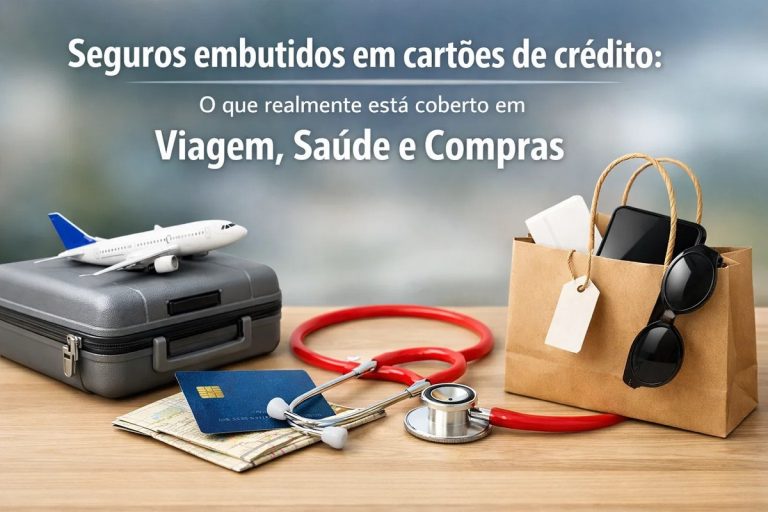 Mala de viagem com avião em miniatura, cartão de crédito sobre um mapa, estetoscópio vermelho e sacola de compras com celular e óculos, ilustrando seguros embutidos em cartão de crédito e as coberturas para viagem, saúde e compras no uso cotidiano.