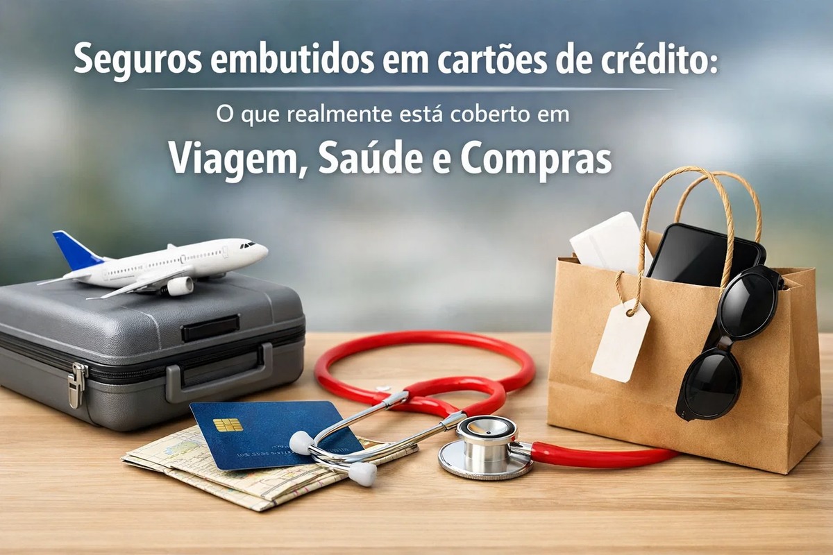 Mala de viagem com avião em miniatura, cartão de crédito sobre um mapa, estetoscópio vermelho e sacola de compras com celular e óculos, ilustrando seguros embutidos em cartão de crédito e as coberturas para viagem, saúde e compras no uso cotidiano.